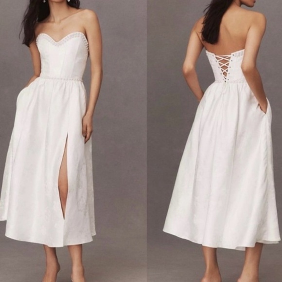 V. Chapman Dresses & Skirts - V. Chapman Lucia White Strapless Pearl Bustier A-Line Dress with Slit